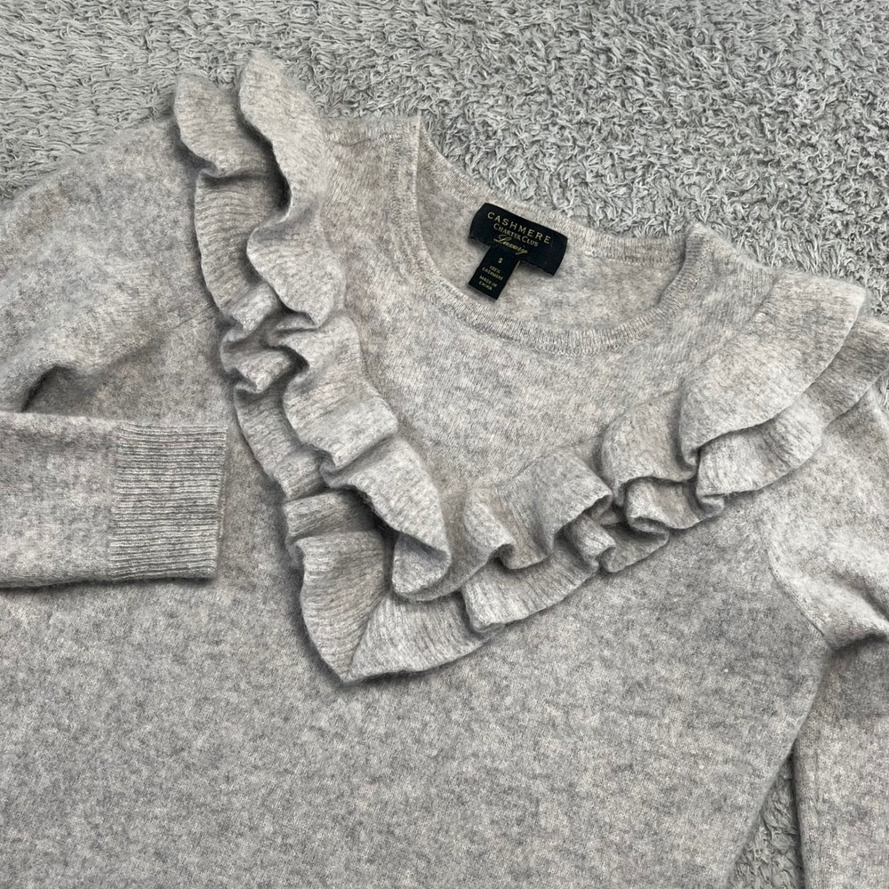 Charter Club 100% Cashmere Ruffle Crewneck Sweater Gray Womens XS FA20 0215-605